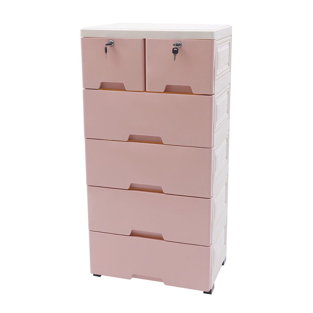 6 Closet Plastic Drawers Organizer Storage Cabinet Dresser Clothes Bedroom Pink 4 Large Drawers and Top 2 Small Cabinets Locker(with Keys)