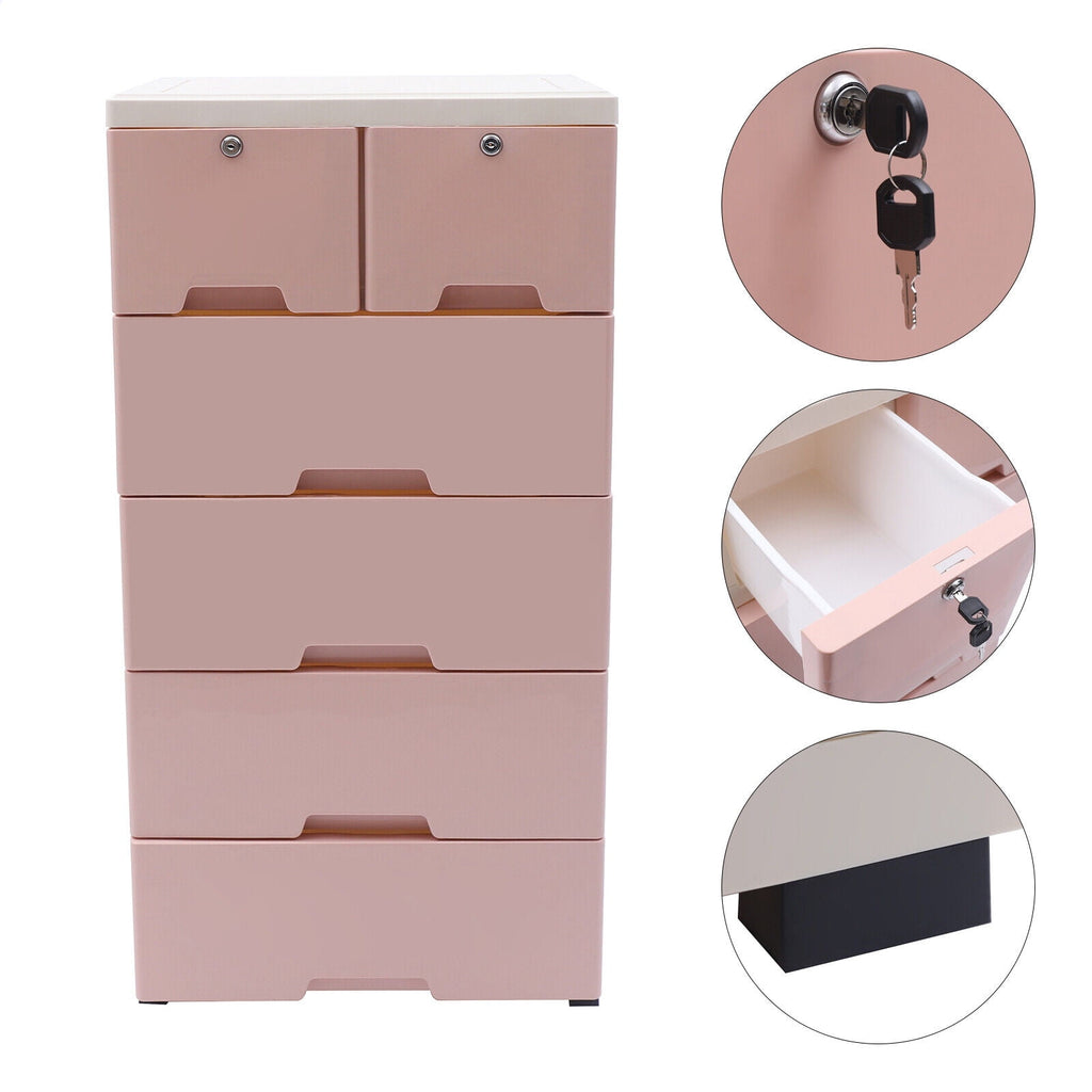 6 Closet Plastic Drawers Organizer Storage Cabinet Dresser Clothes Bedroom Pink 4 Large Drawers and Top 2 Small Cabinets Locker(with Keys)