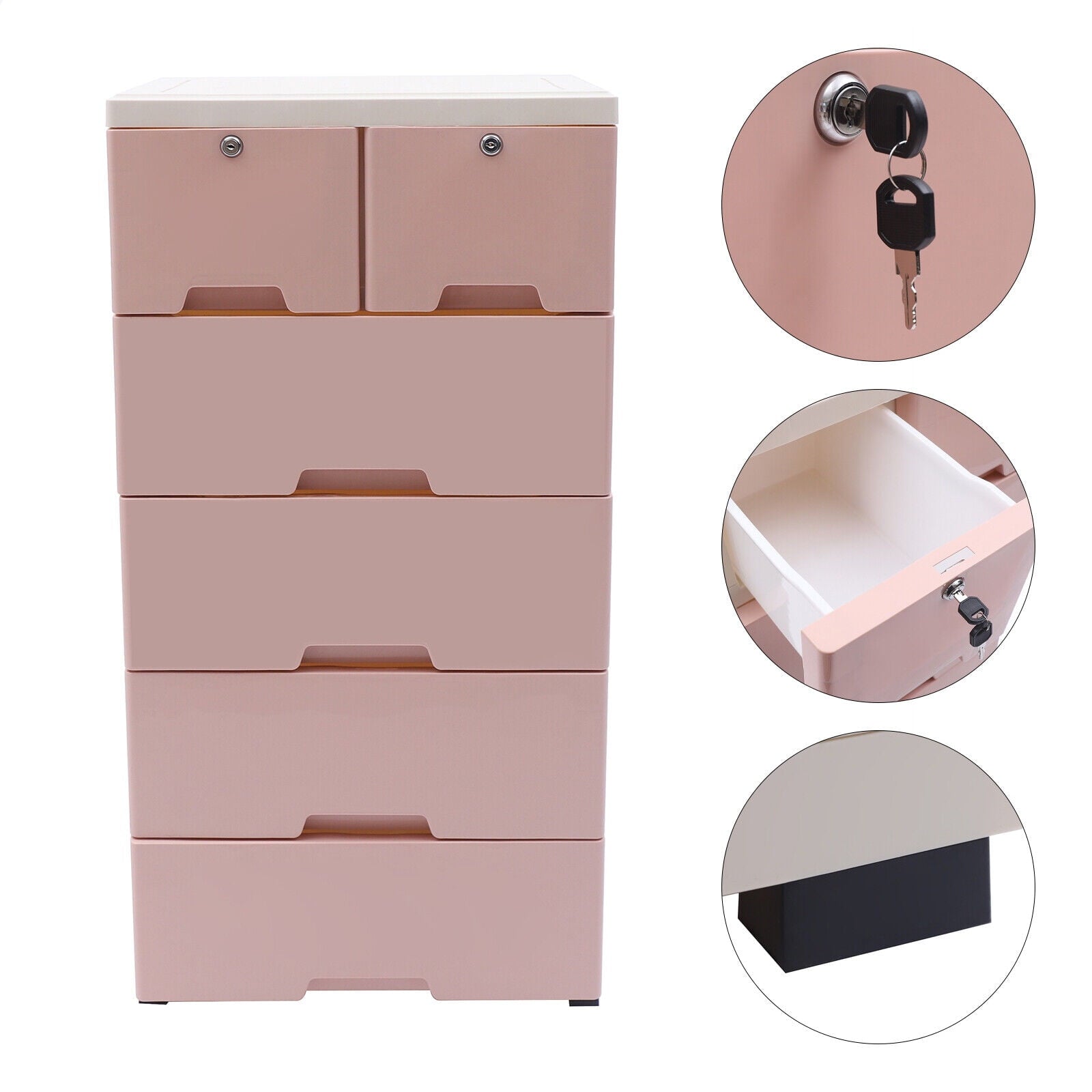 6 Closet Plastic Drawers Organizer Storage Cabinet Dresser Clothes Bedroom Pink 4 Large Drawers and Top 2 Small Cabinets Locker(with Keys)