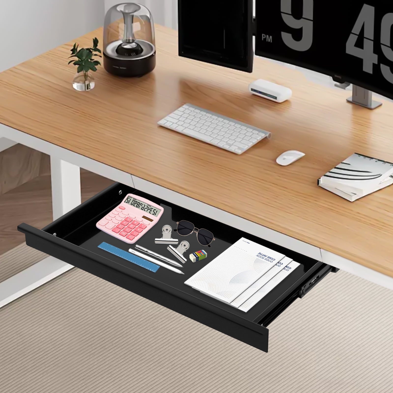 Home Under Desk Storage Drawer - Office Pull-out Hidden Drawer Hanging Drawers for Desk - Standing Desk Drawer Attachment - Under Desk Mounted Sliding Metal Hanging Drawers Organizer