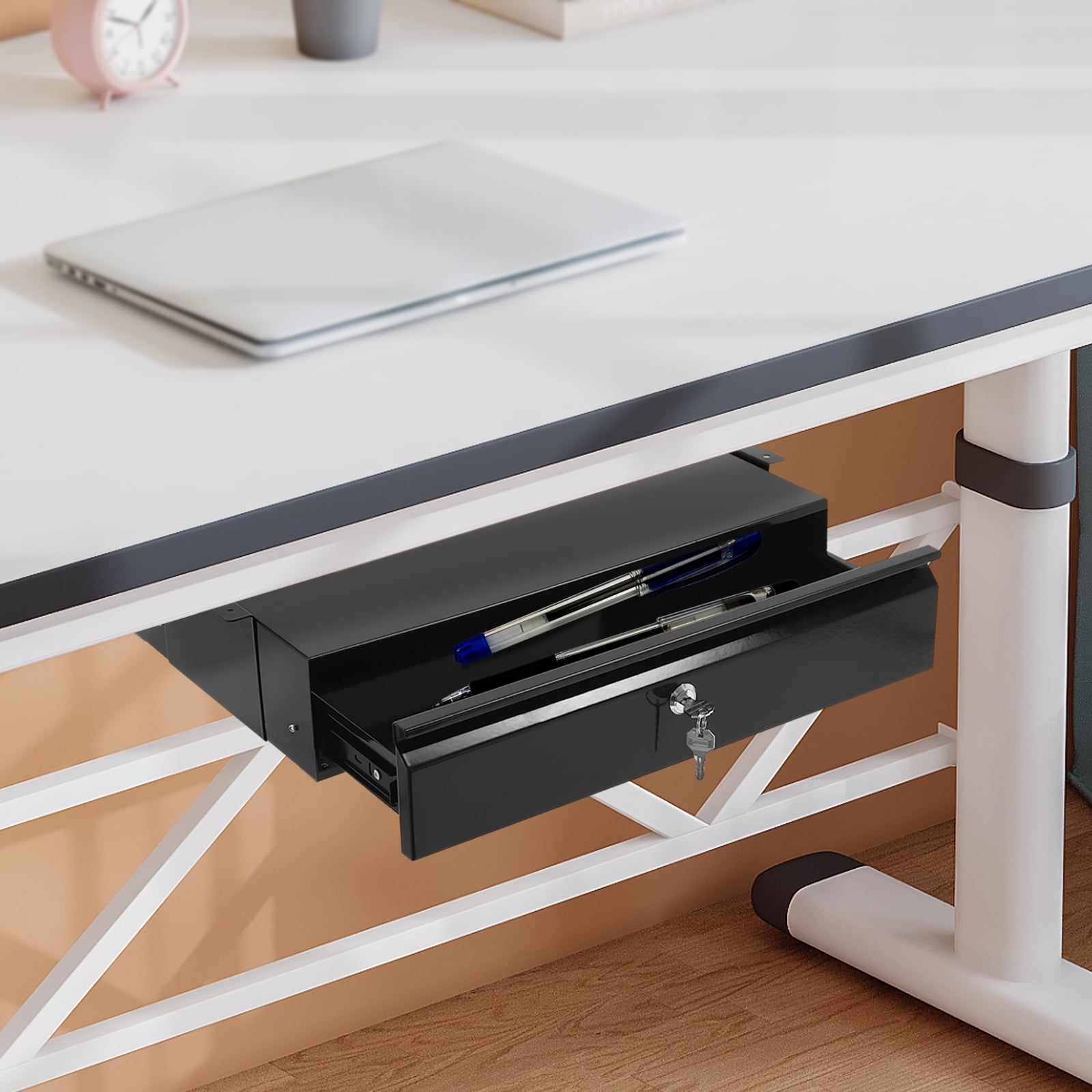 Home Under Desk Storage Drawer - Office Pull-out Hidden Drawer Hanging Drawers for Desk - Standing Desk Drawer Attachment - Under Desk Mounted Sliding Metal Hanging Drawers Organizer
