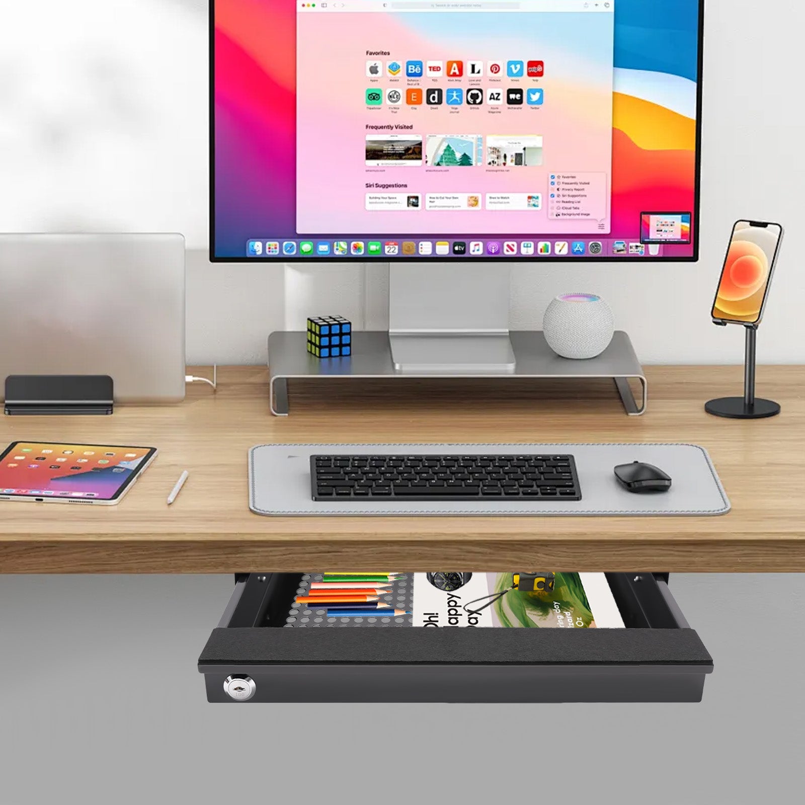 Home Under Desk Storage Drawer - Office Pull-out Hidden Drawer Hanging Drawers for Desk - Standing Desk Drawer Attachment - Under Desk Mounted Sliding Metal Hanging Drawers Organizer