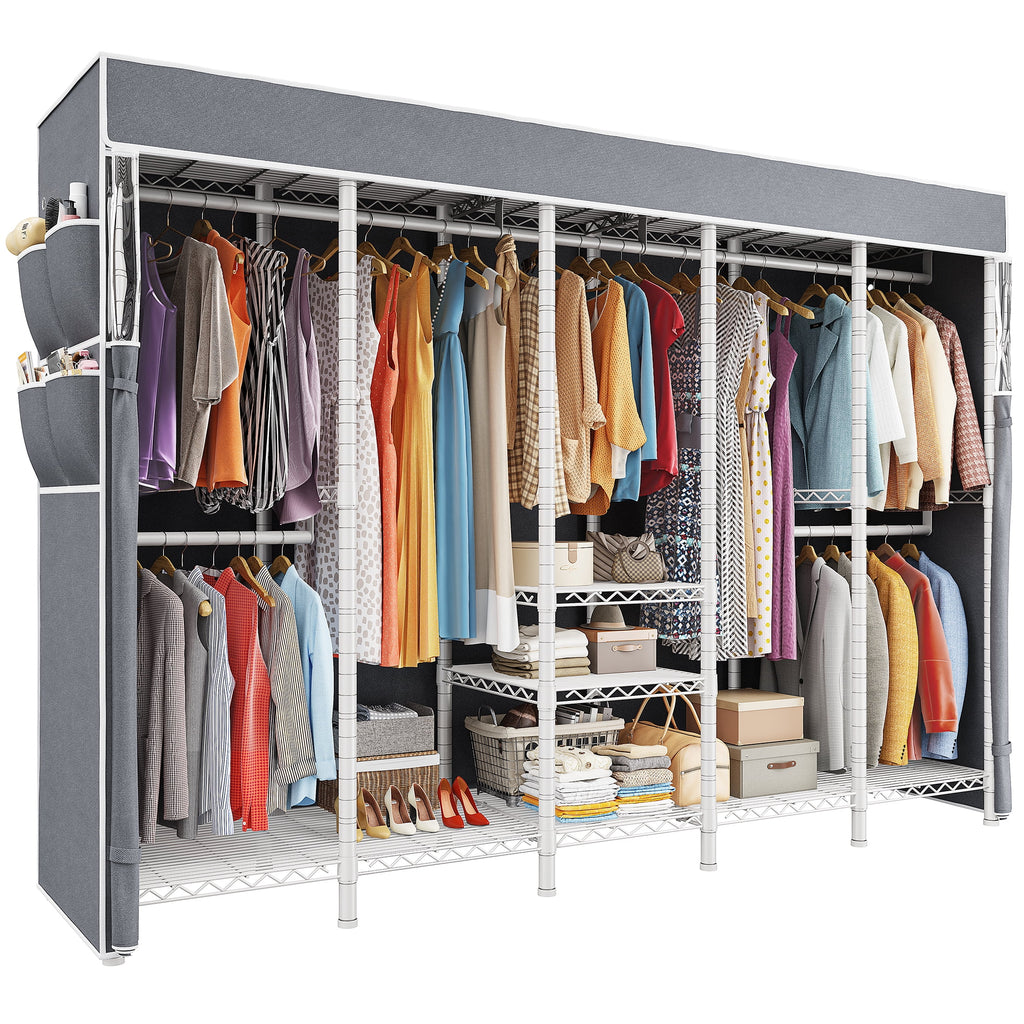 Clothes Rack with Cover, Freestanding Closet Wardrobe for Hanging Clothes, Clothes Storage Organizer with Wire Shelves, White