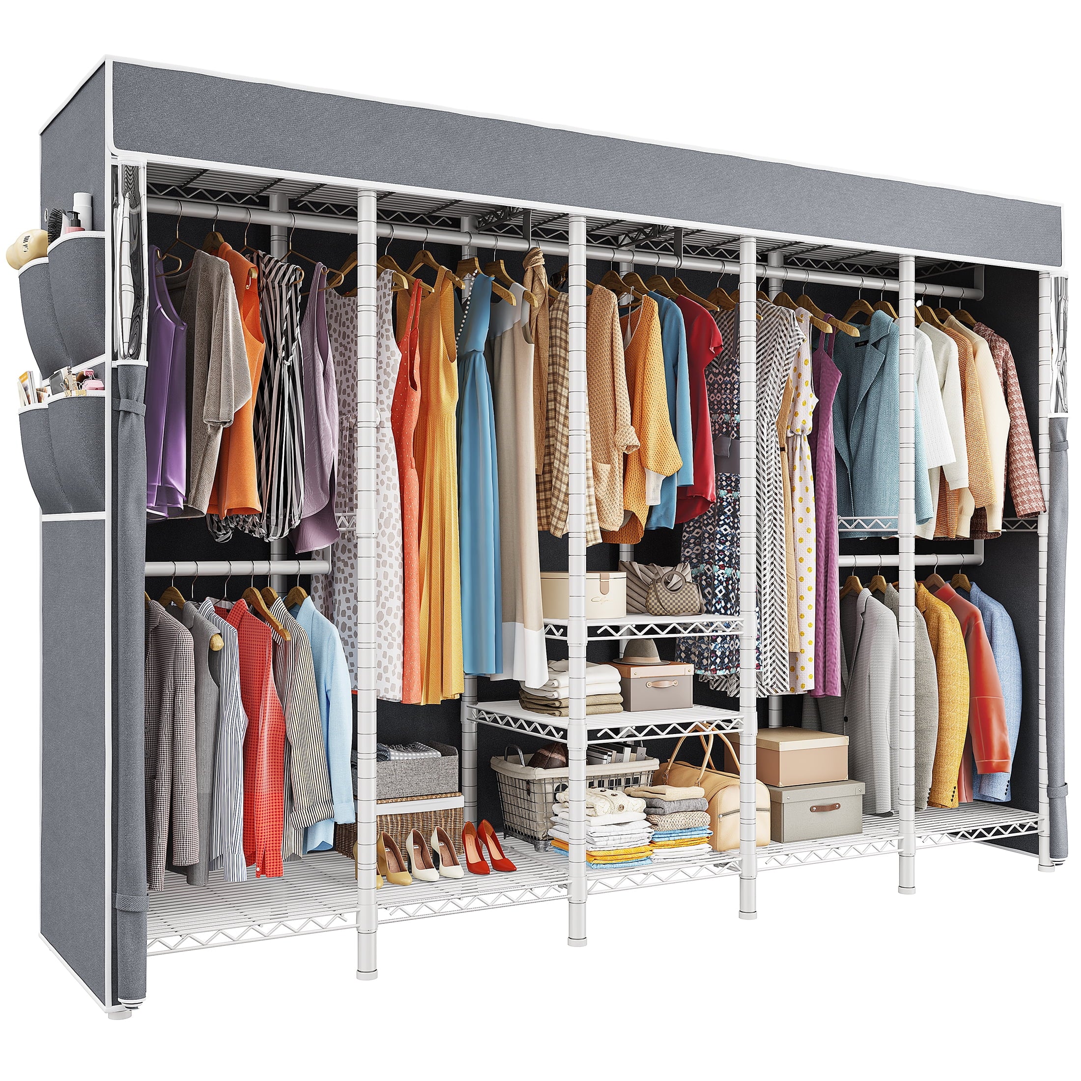 Clothes Rack with Cover, Freestanding Closet Wardrobe for Hanging Clothes, Clothes Storage Organizer with Wire Shelves, White