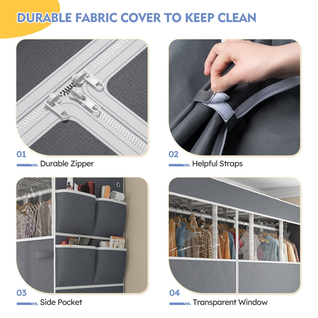 Clothes Rack with Cover, Freestanding Closet Wardrobe for Hanging Clothes, Clothes Storage Organizer with Wire Shelves, White
