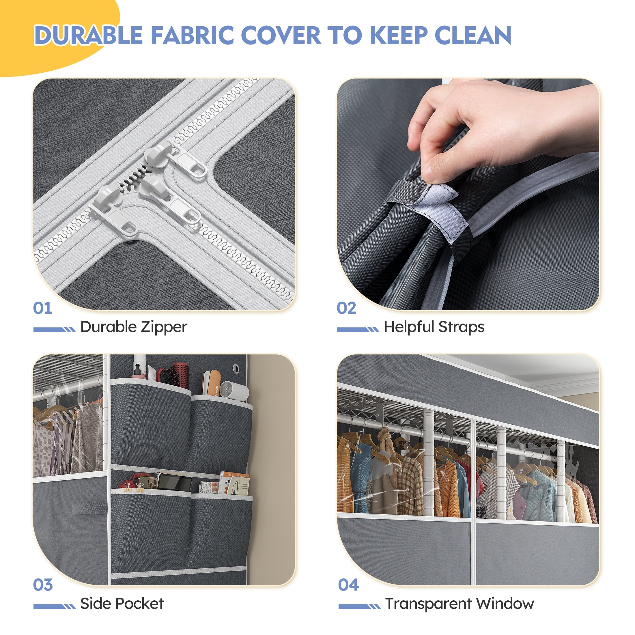 Clothes Rack with Cover, Freestanding Closet Wardrobe for Hanging Clothes, Clothes Storage Organizer with Wire Shelves, White