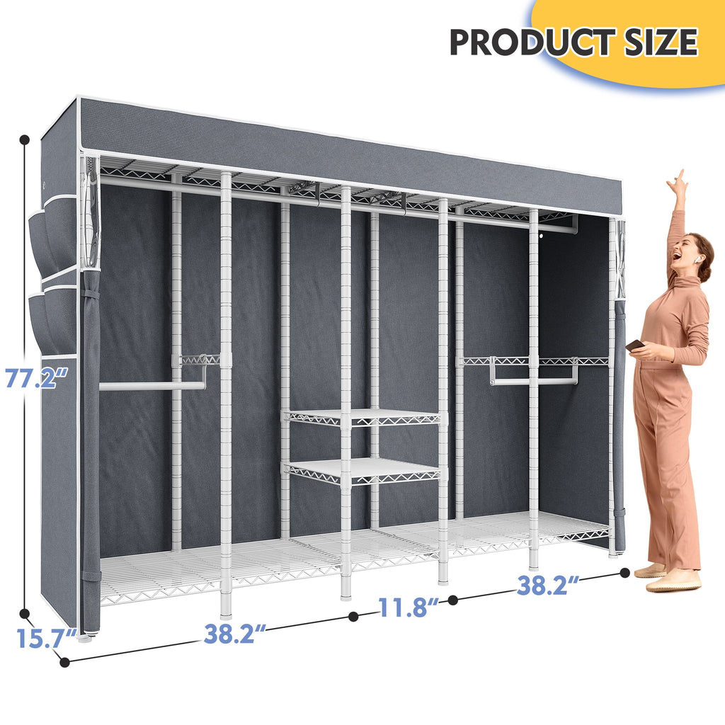 Clothes Rack with Cover, Freestanding Closet Wardrobe for Hanging Clothes, Clothes Storage Organizer with Wire Shelves, White