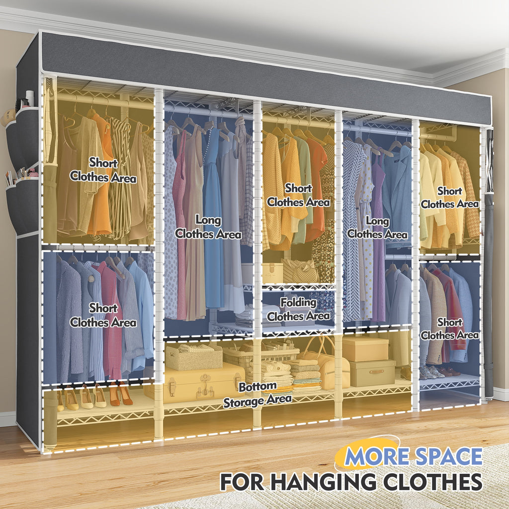 Clothes Rack with Cover, Freestanding Closet Wardrobe for Hanging Clothes, Clothes Storage Organizer with Wire Shelves, White