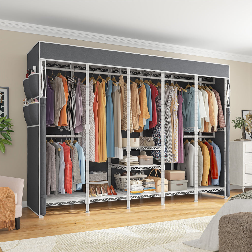 Clothes Rack with Cover, Freestanding Closet Wardrobe for Hanging Clothes, Clothes Storage Organizer with Wire Shelves, White
