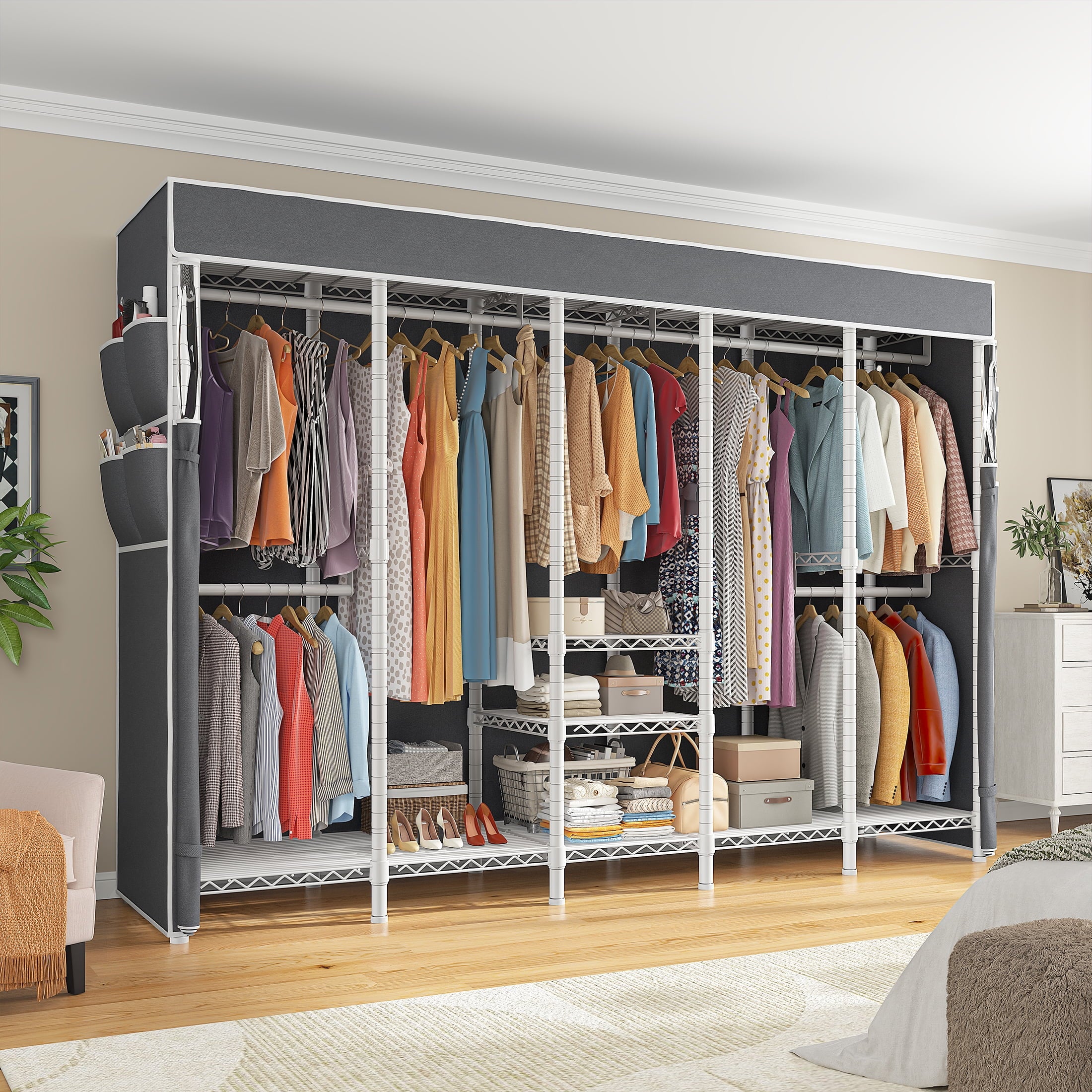Clothes Rack with Cover, Freestanding Closet Wardrobe for Hanging Clothes, Clothes Storage Organizer with Wire Shelves, White