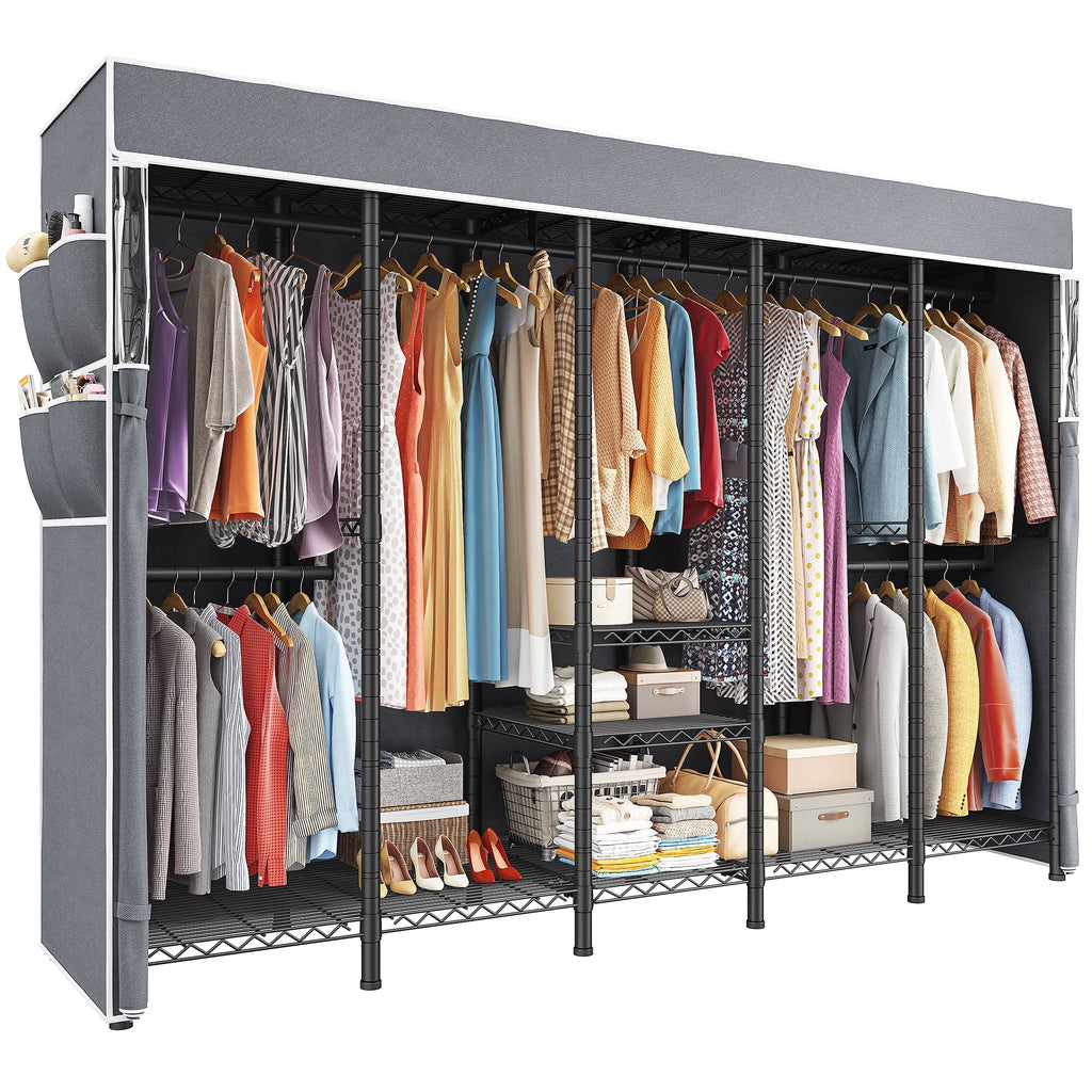 Clothes Rack with Cover, Freestanding Closet Wardrobe for Hanging Clothes, Clothes Storage Organizer with Wire Shelves, White