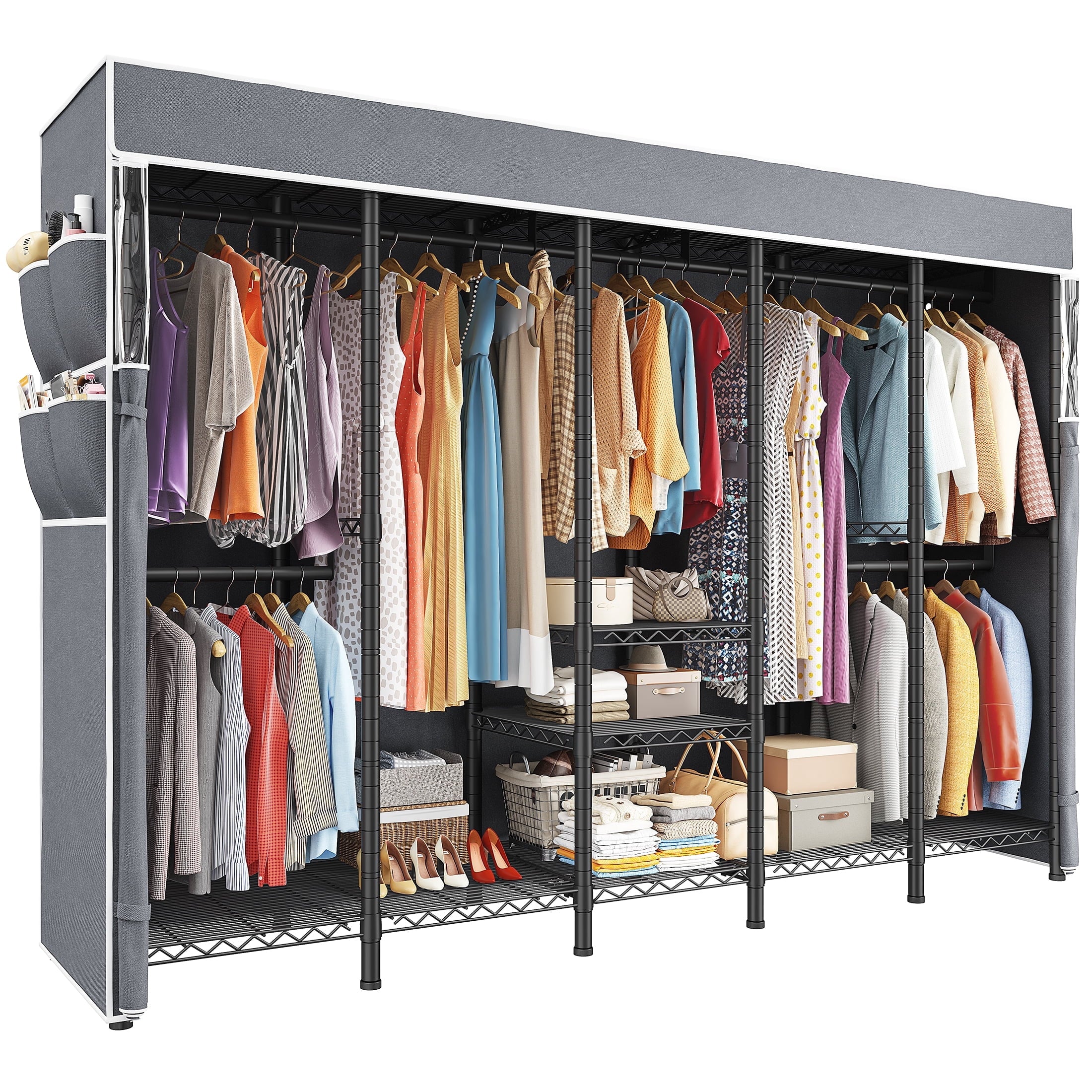 Clothes Rack with Cover, Freestanding Closet Wardrobe for Hanging Clothes, Clothes Storage Organizer with Wire Shelves, White