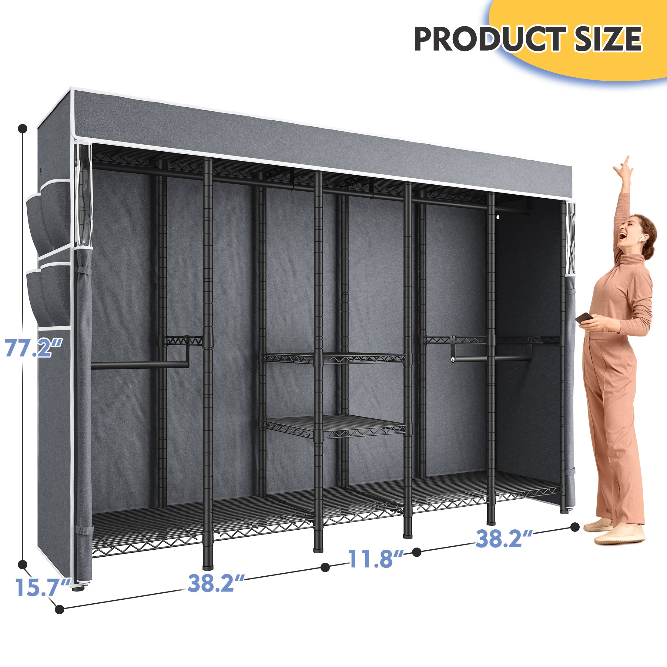 Clothes Rack with Cover, Freestanding Closet Wardrobe for Hanging Clothes, Clothes Storage Organizer with Wire Shelves, White
