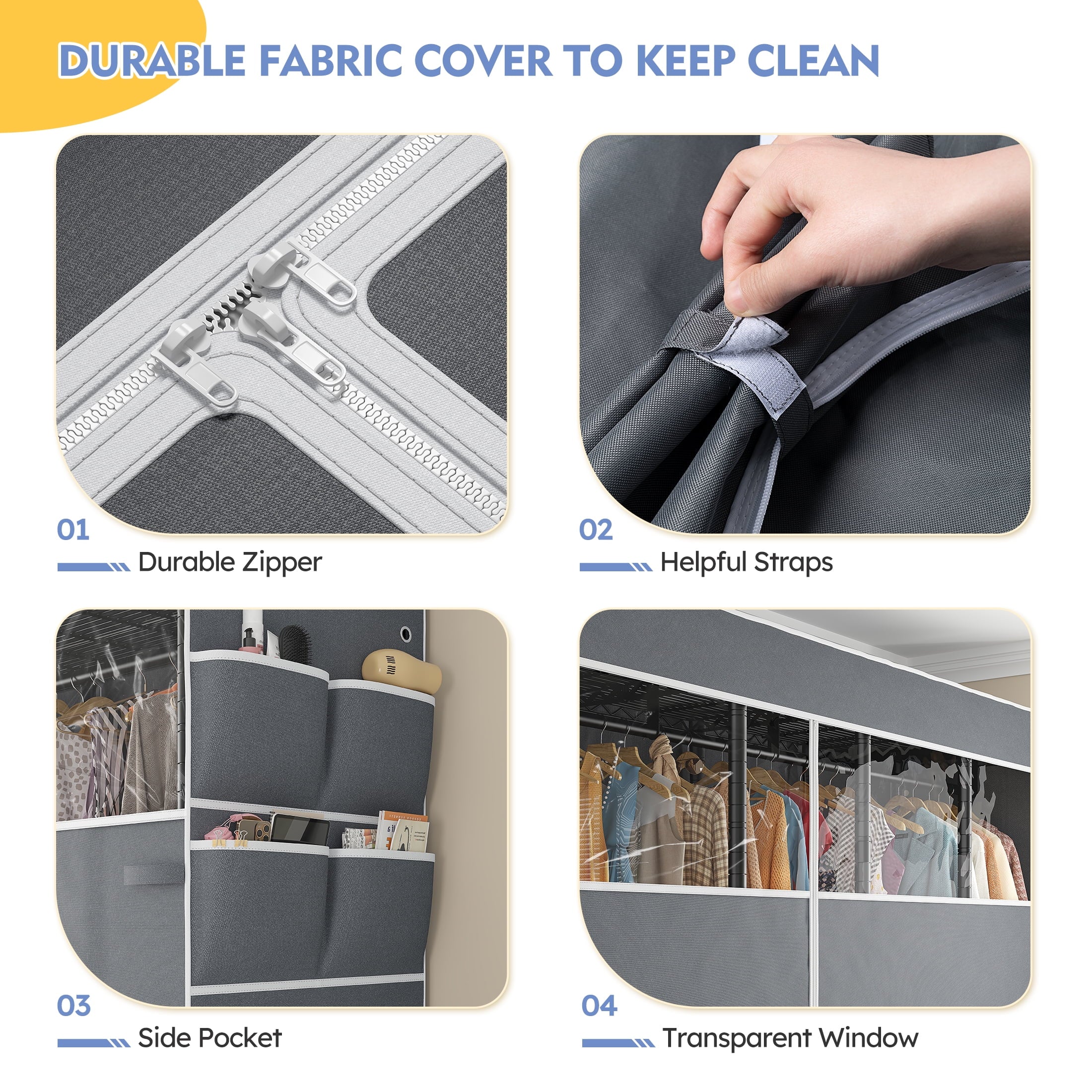 Clothes Rack with Cover, Freestanding Closet Wardrobe for Hanging Clothes, Clothes Storage Organizer with Wire Shelves, White