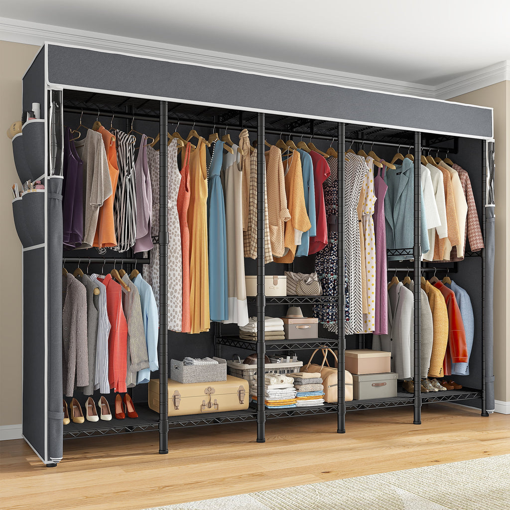 Clothes Rack with Cover, Freestanding Closet Wardrobe for Hanging Clothes, Clothes Storage Organizer with Wire Shelves, White
