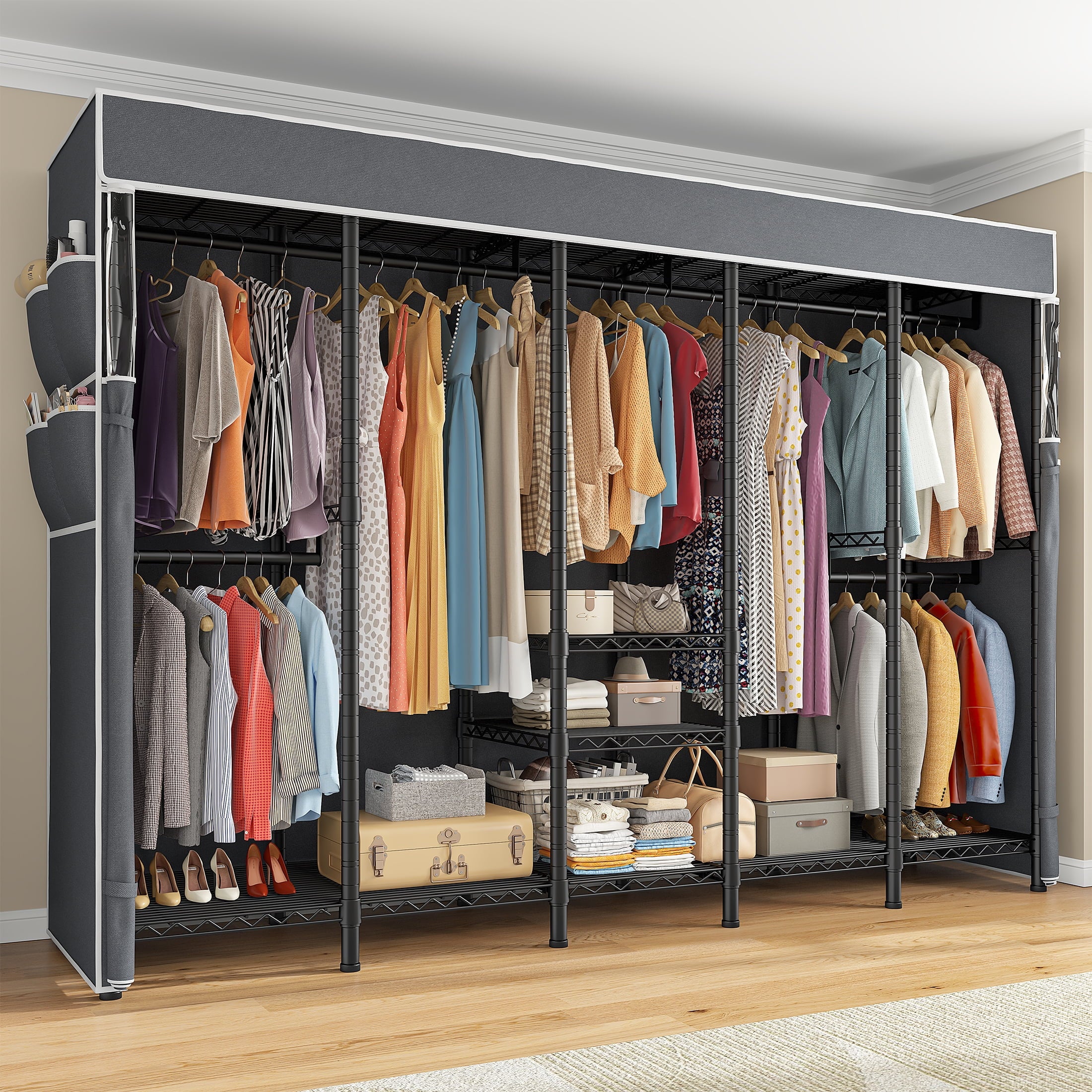 Clothes Rack with Cover, Freestanding Closet Wardrobe for Hanging Clothes, Clothes Storage Organizer with Wire Shelves, White