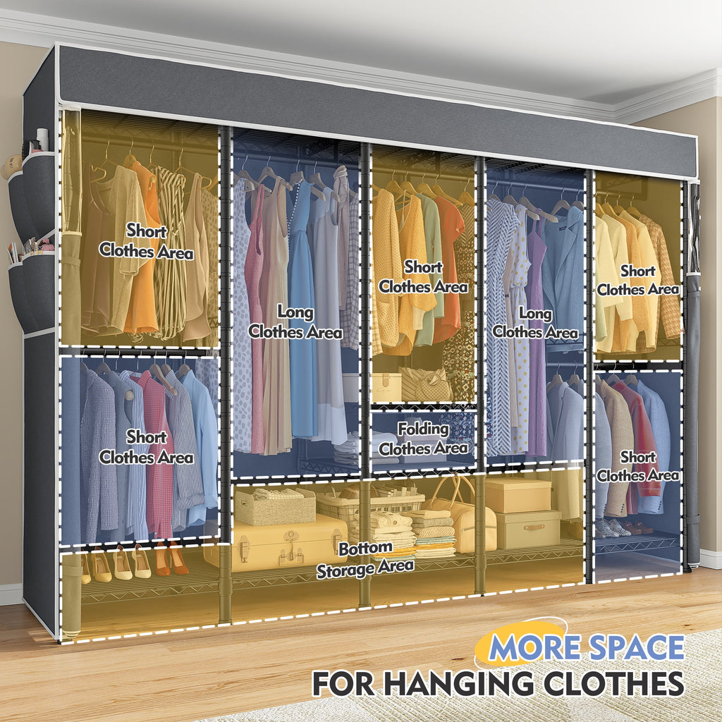 Clothes Rack with Cover, Freestanding Closet Wardrobe for Hanging Clothes, Clothes Storage Organizer with Wire Shelves, White