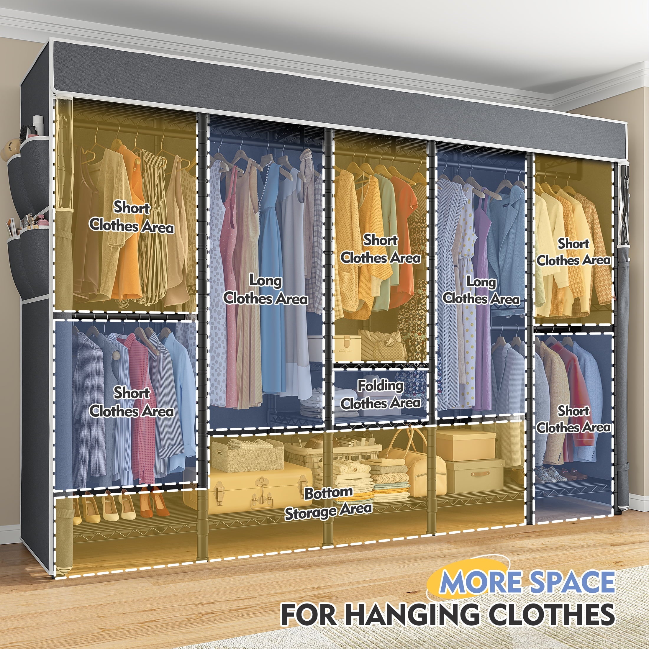 Clothes Rack with Cover, Freestanding Closet Wardrobe for Hanging Clothes, Clothes Storage Organizer with Wire Shelves, White