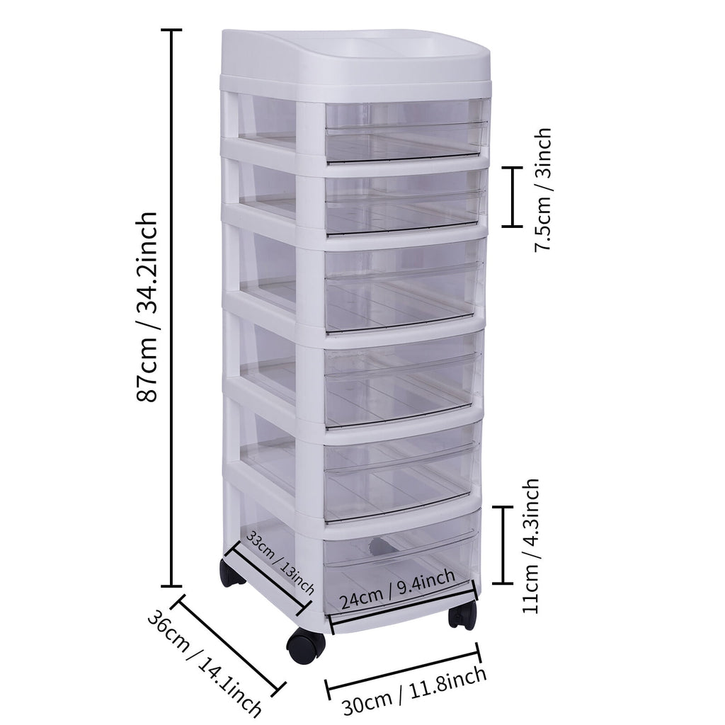 White 6 Drawers Plastic Storage Cabinet Rolling Cart Clear Organizer Trolley w/Wheels