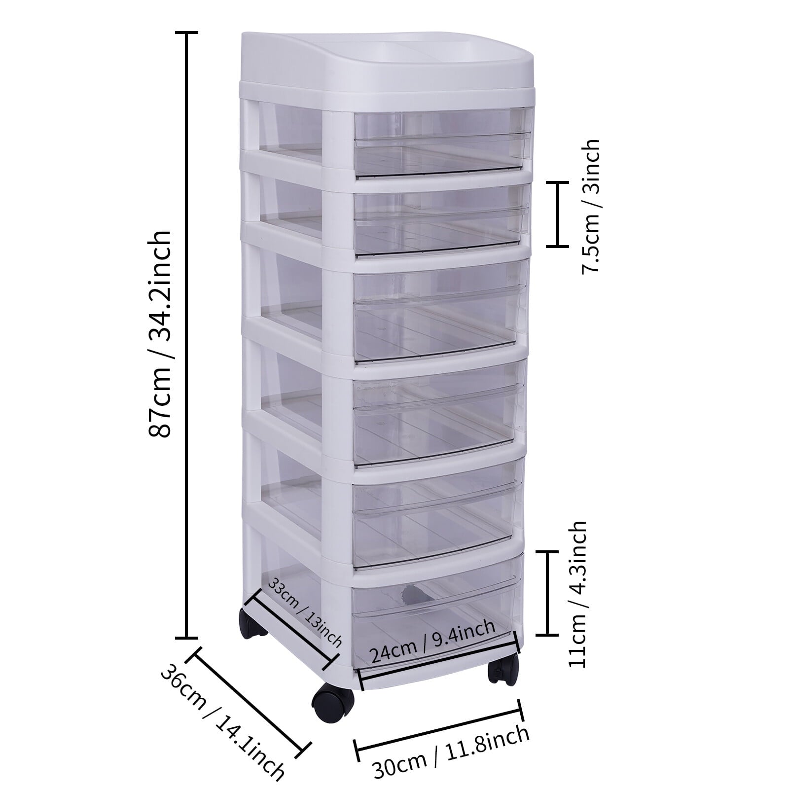 White 6 Drawers Plastic Storage Cabinet Rolling Cart Clear Organizer Trolley w/Wheels