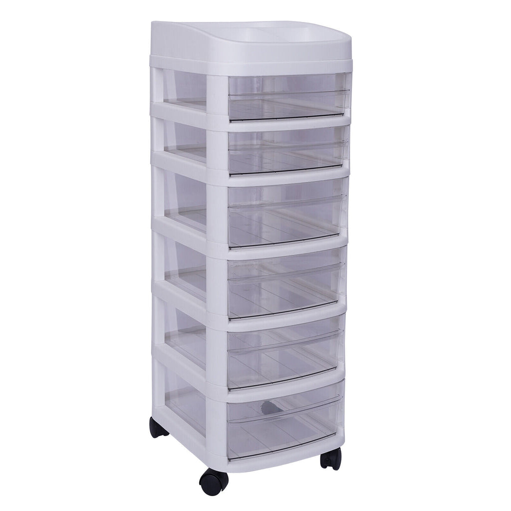 White 6 Drawers Plastic Storage Cabinet Rolling Cart Clear Organizer Trolley w/Wheels