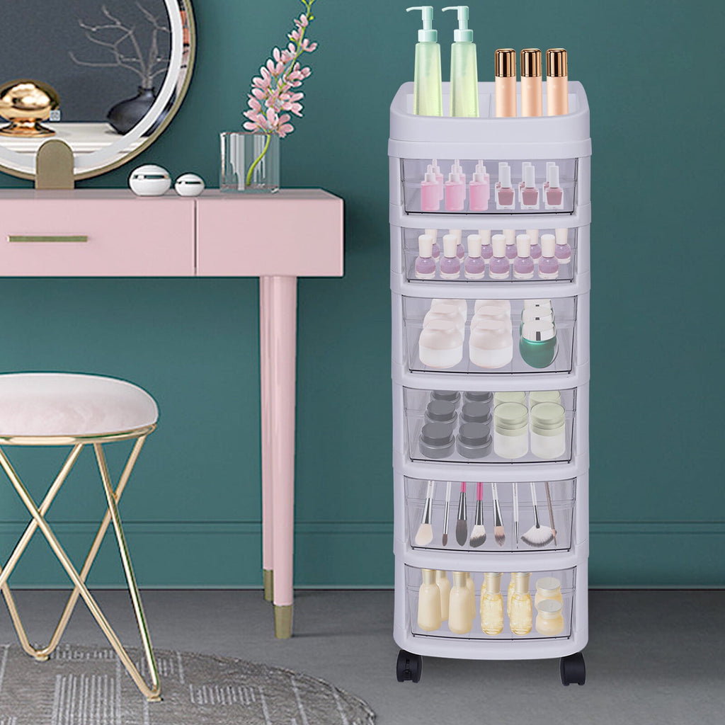 White 6 Drawers Plastic Storage Cabinet Rolling Cart Clear Organizer Trolley w/Wheels