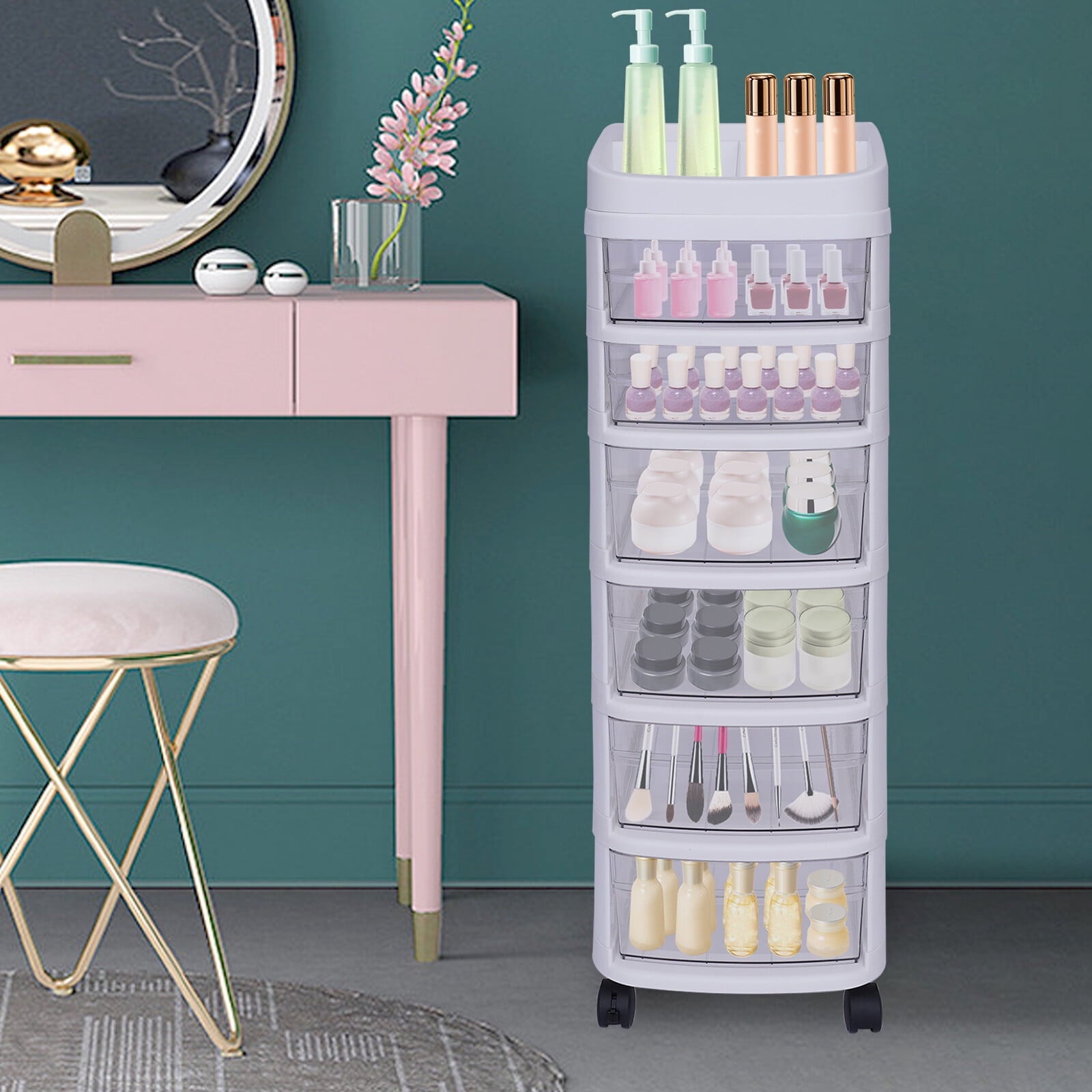 White 6 Drawers Plastic Storage Cabinet Rolling Cart Clear Organizer Trolley w/Wheels