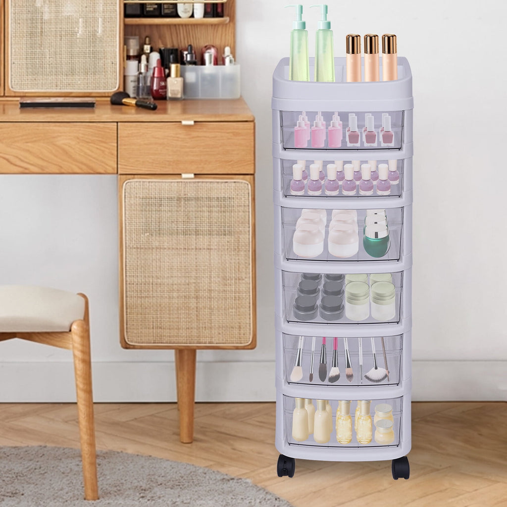 White 6 Drawers Plastic Storage Cabinet Rolling Cart Clear Organizer Trolley w/Wheels