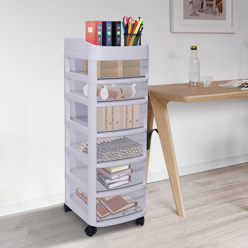 White 6 Drawers Plastic Storage Cabinet Rolling Cart Clear Organizer Trolley w/Wheels