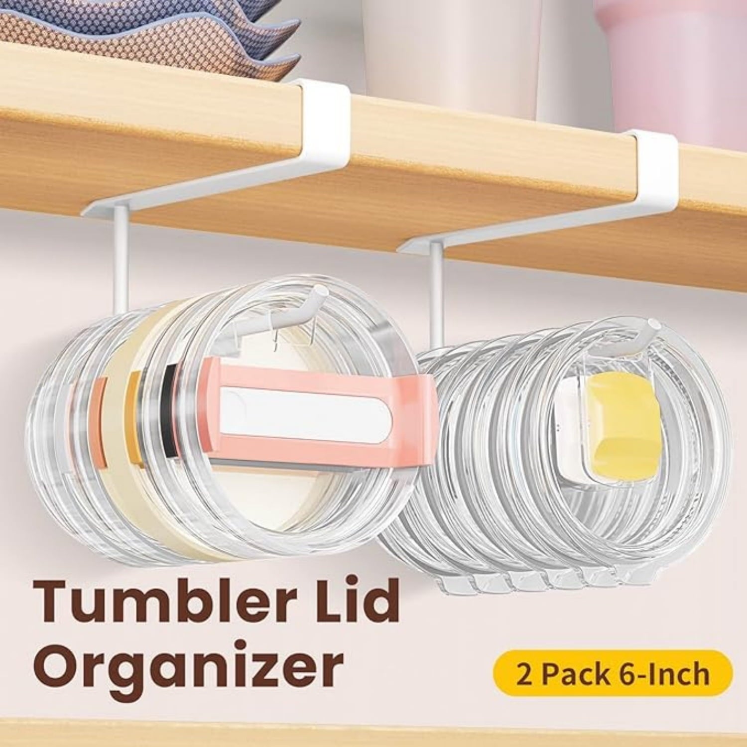 2 Pack Tumbler Lid Organizer, Under Cabinet Cup Lid Holder for Yeti Insulated Mug/ Insulated Mug/Simple Modern Insulated Mug Lid, No Gluing, No Drilling, Up to 10 Lids (White)