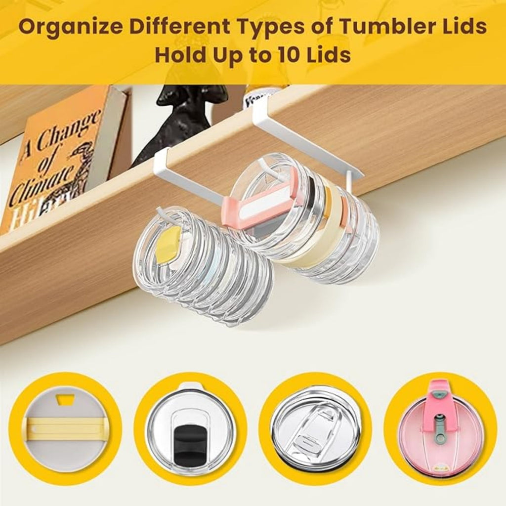 2 Pack Tumbler Lid Organizer, Under Cabinet Cup Lid Holder for Yeti Insulated Mug/ Insulated Mug/Simple Modern Insulated Mug Lid, No Gluing, No Drilling, Up to 10 Lids (White)