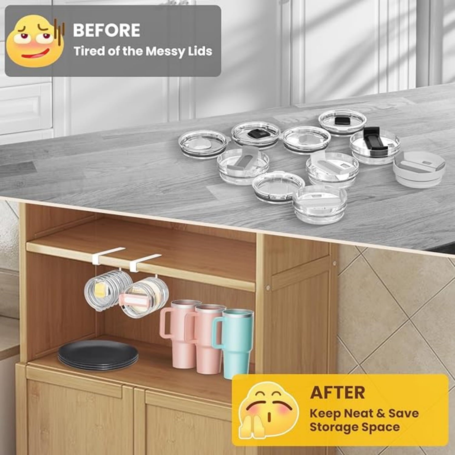 2 Pack Tumbler Lid Organizer, Under Cabinet Cup Lid Holder for Yeti Insulated Mug/ Insulated Mug/Simple Modern Insulated Mug Lid, No Gluing, No Drilling, Up to 10 Lids (White)