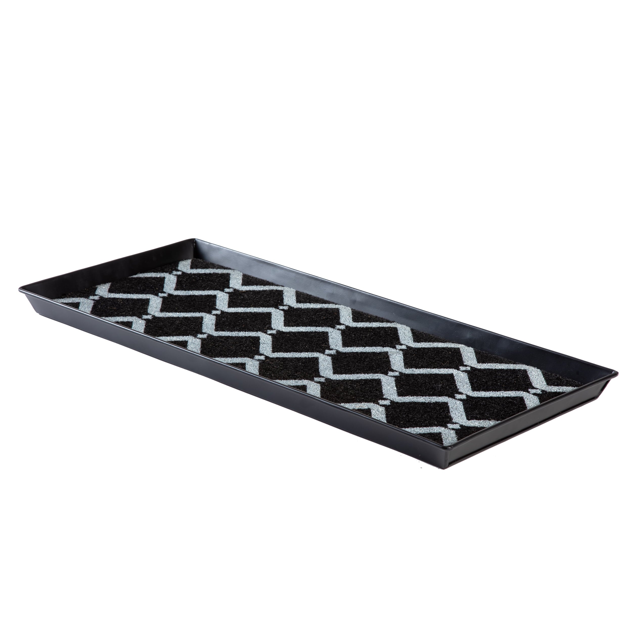 Black Metal Boot Tray with Black &amp; Ivory Diamond Coir Insert