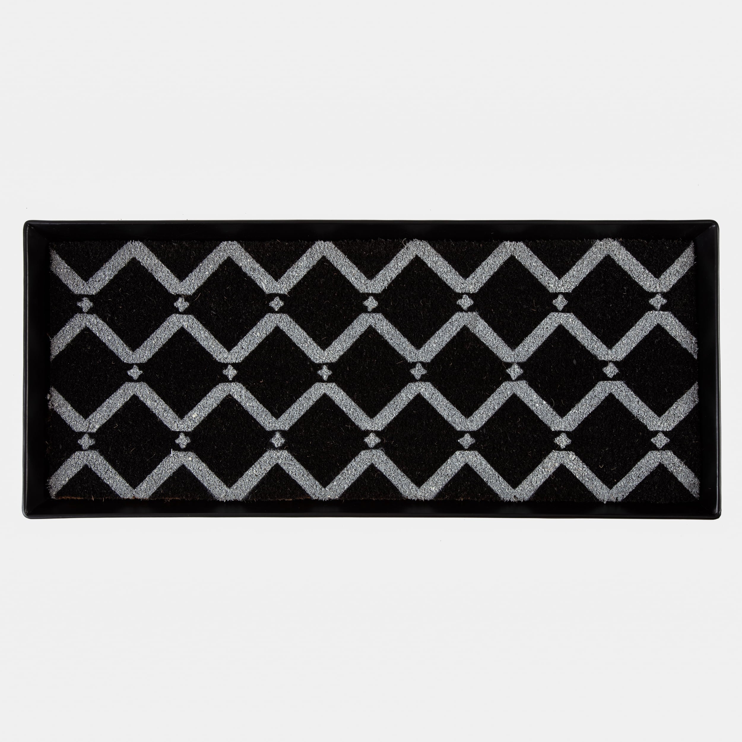 Black Metal Boot Tray with Black &amp; Ivory Diamond Coir Insert