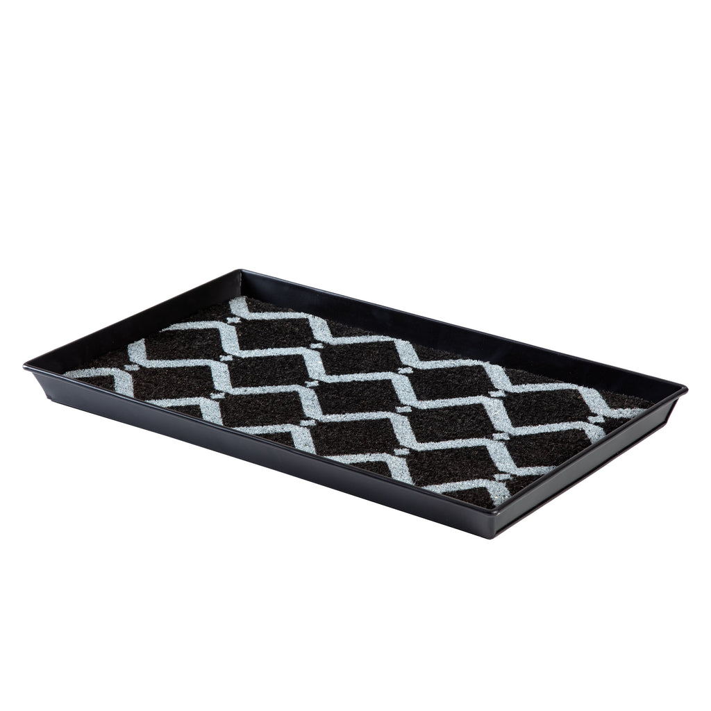 Black Metal Boot Tray with Black &amp; Ivory Diamond Coir Insert