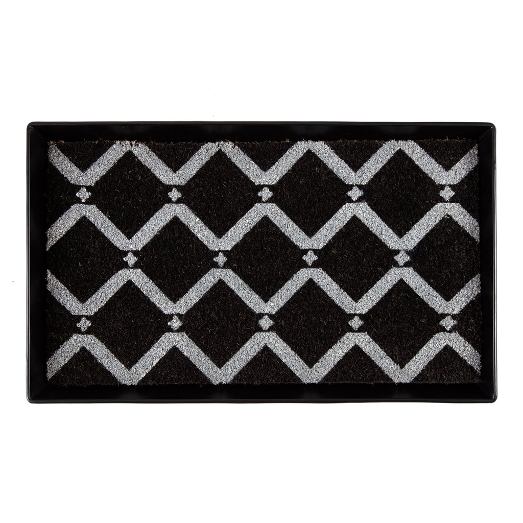 Black Metal Boot Tray with Black &amp; Ivory Diamond Coir Insert