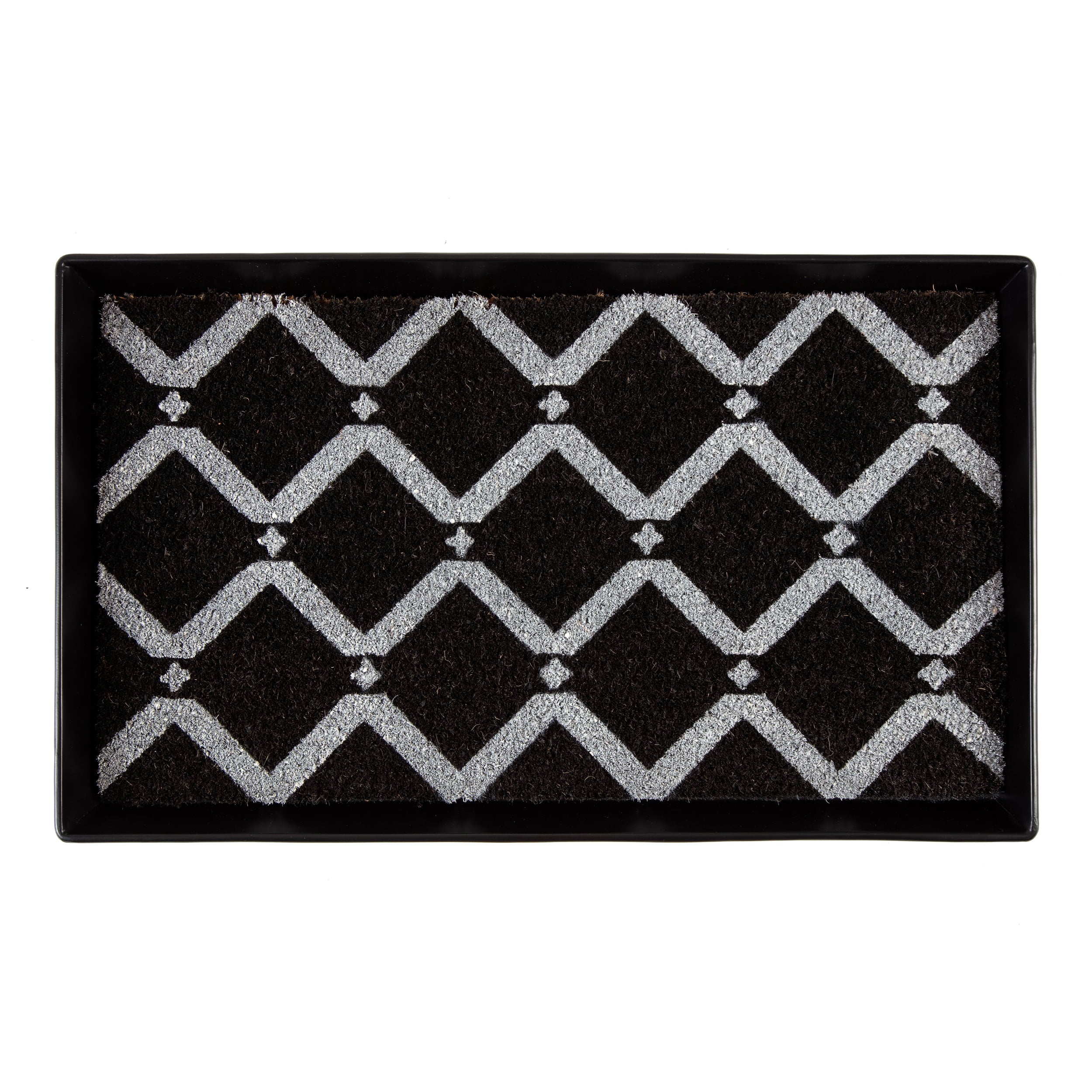 Black Metal Boot Tray with Black &amp; Ivory Diamond Coir Insert