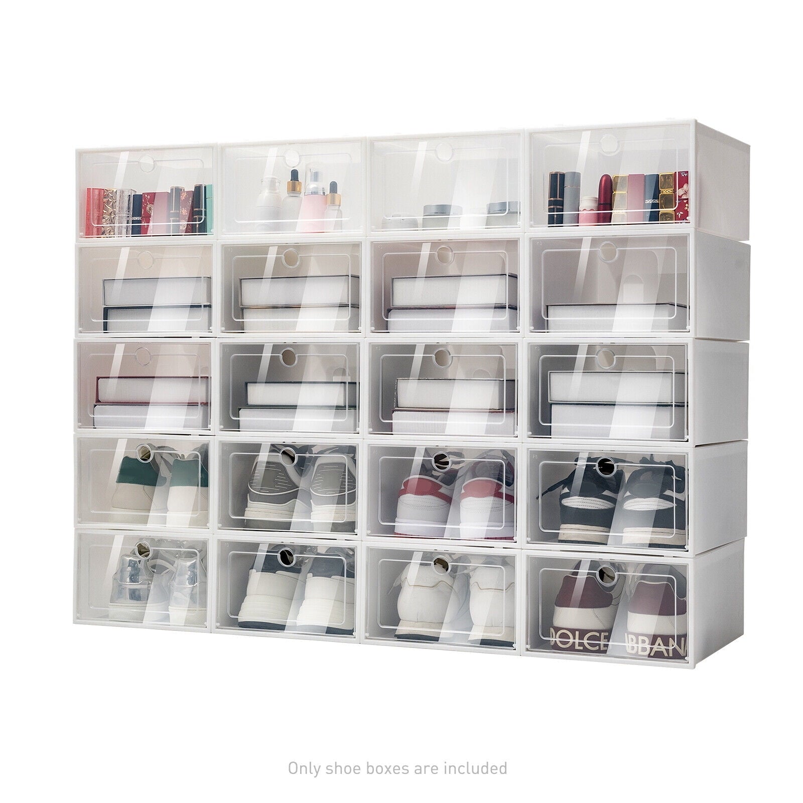20 PCS Shoe Storage Boxes,Clear Plastic Clamshell Shoebox Stackable Shoe Organizer Foldable Display Box Container Closet Shelf Shoe Organizer,Need to Assemble (Angel White Large Round Holes)