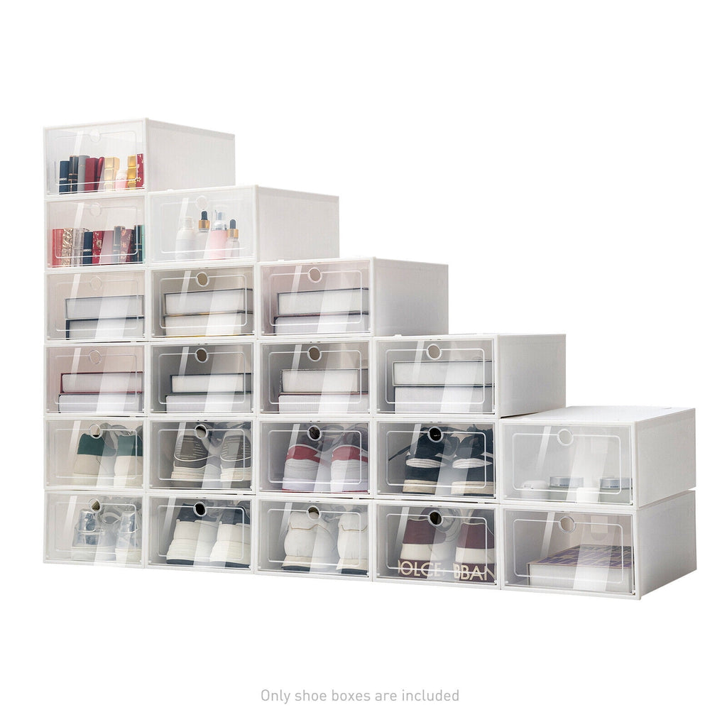20 PCS Shoe Storage Boxes,Clear Plastic Clamshell Shoebox Stackable Shoe Organizer Foldable Display Box Container Closet Shelf Shoe Organizer,Need to Assemble (Angel White Large Round Holes)
