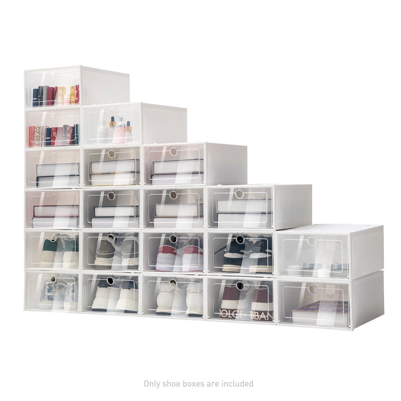 20 PCS Shoe Storage Boxes,Clear Plastic Clamshell Shoebox Stackable Shoe Organizer Foldable Display Box Container Closet Shelf Shoe Organizer,Need to Assemble (Angel White Large Round Holes)