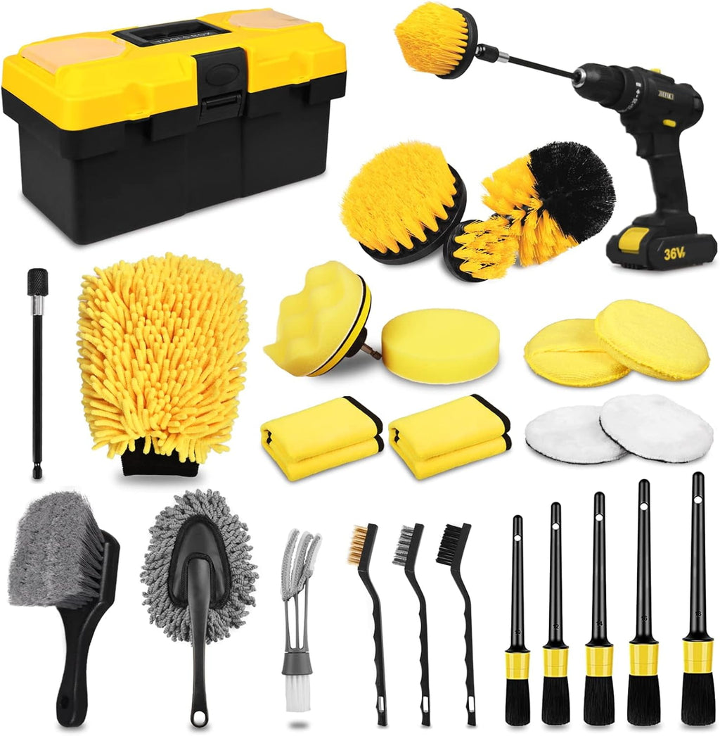 Ahot 27Pcs Car Detailing Kit, Car Detailing Brush Set, Auto Detailing Drill Brush Set, Car Detailing Brushes, Car Wash Kit, Car Accessories, Car Cleaning Tools Kit for Interior, Exterior, Wheels