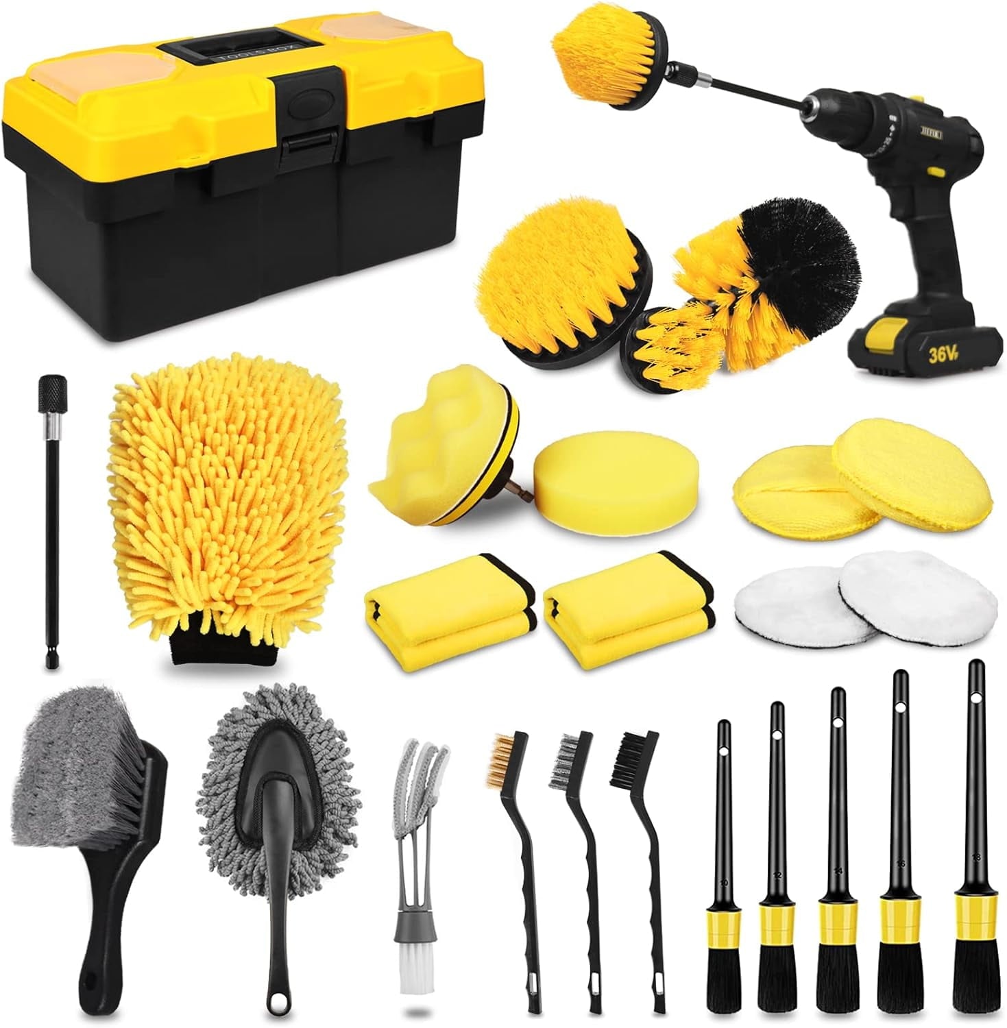 Ahot 27Pcs Car Detailing Kit, Car Detailing Brush Set, Auto Detailing Drill Brush Set, Car Detailing Brushes, Car Wash Kit, Car Accessories, Car Cleaning Tools Kit for Interior, Exterior, Wheels