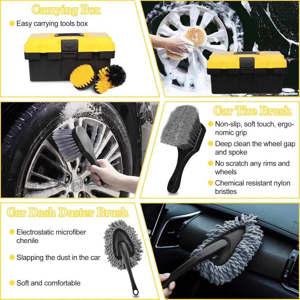 Ahot 27Pcs Car Detailing Kit, Car Detailing Brush Set, Auto Detailing Drill Brush Set, Car Detailing Brushes, Car Wash Kit, Car Accessories, Car Cleaning Tools Kit for Interior, Exterior, Wheels