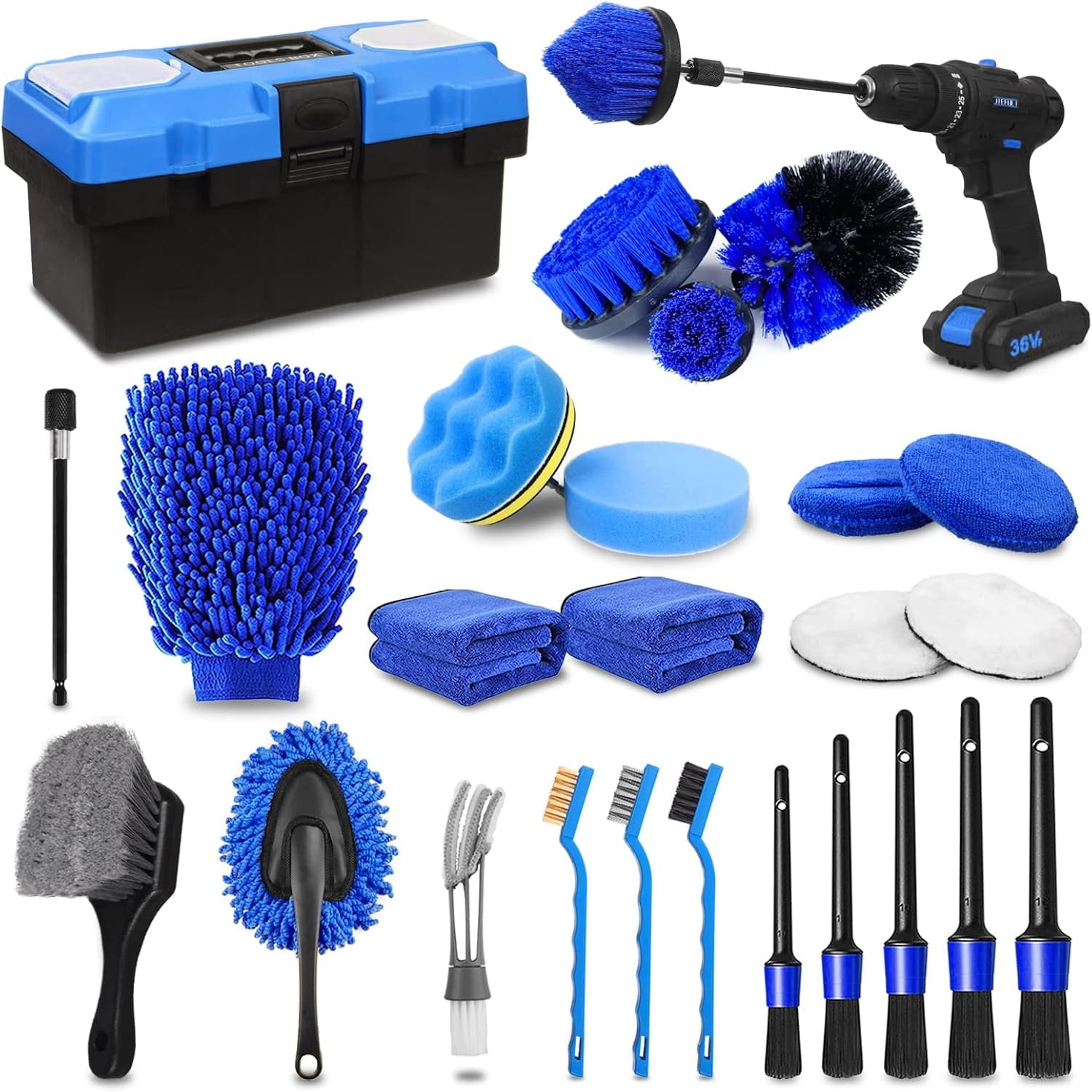 Ahot 27Pcs Car Detailing Kit, Car Detailing Brush Set, Auto Detailing Drill Brush Set, Car Detailing Brushes, Car Wash Kit, Car Accessories, Car Cleaning Tools Kit for Interior, Exterior, Wheels