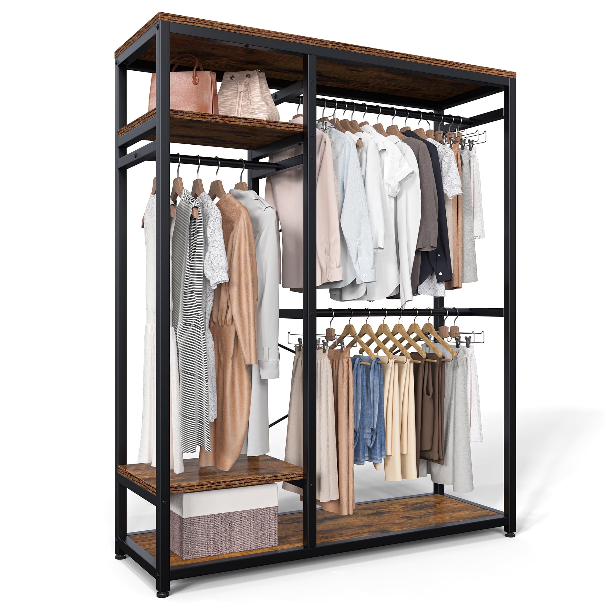 Garment Rack Freestanding Closet Organizer,Heavy-duty Wardrobe Closet with Shelves for Storage,Metal Clothing Rack for Bedroom