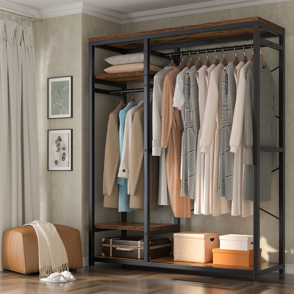Garment Rack Freestanding Closet Organizer,Heavy-duty Wardrobe Closet with Shelves for Storage,Metal Clothing Rack for Bedroom