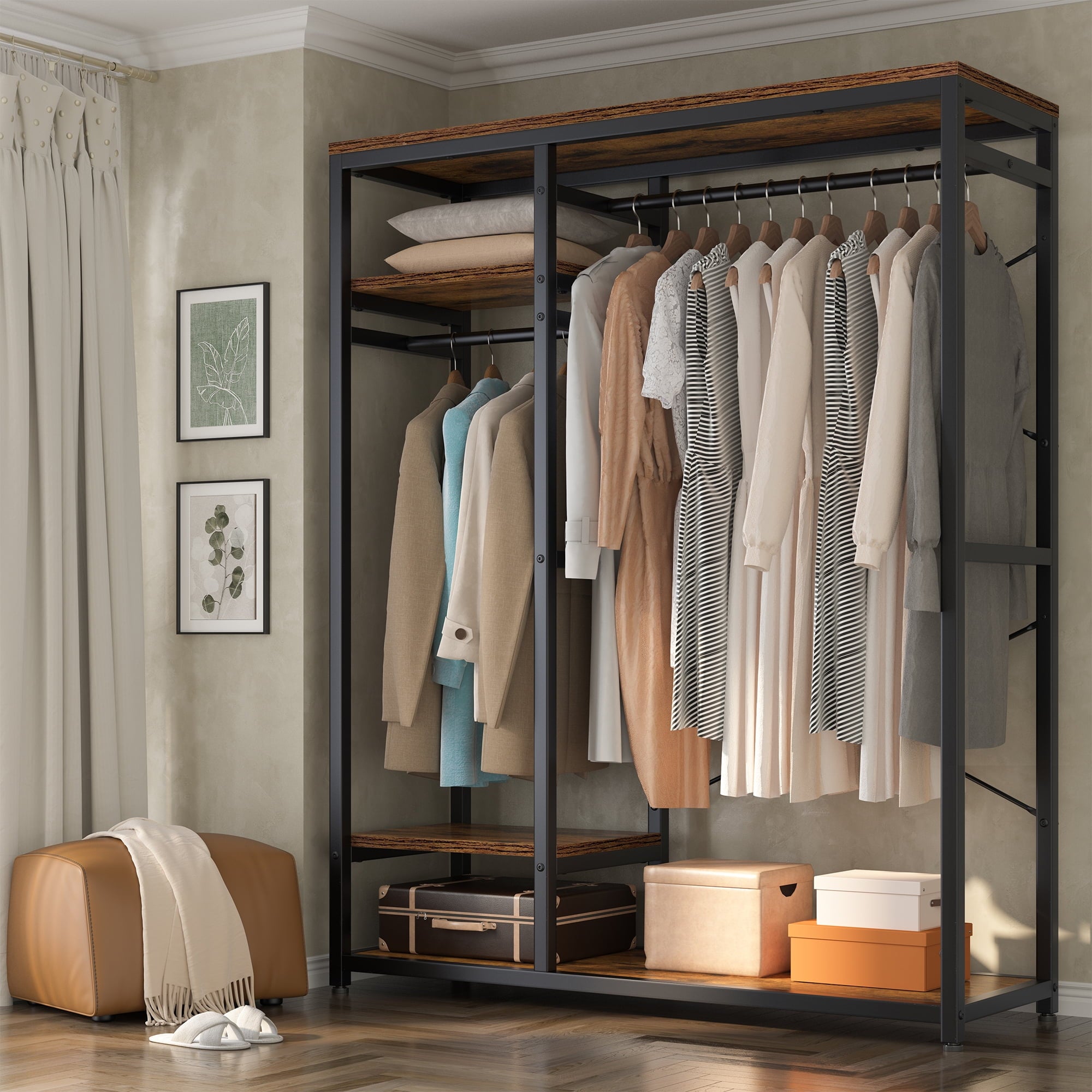 Garment Rack Freestanding Closet Organizer,Heavy-duty Wardrobe Closet with Shelves for Storage,Metal Clothing Rack for Bedroom
