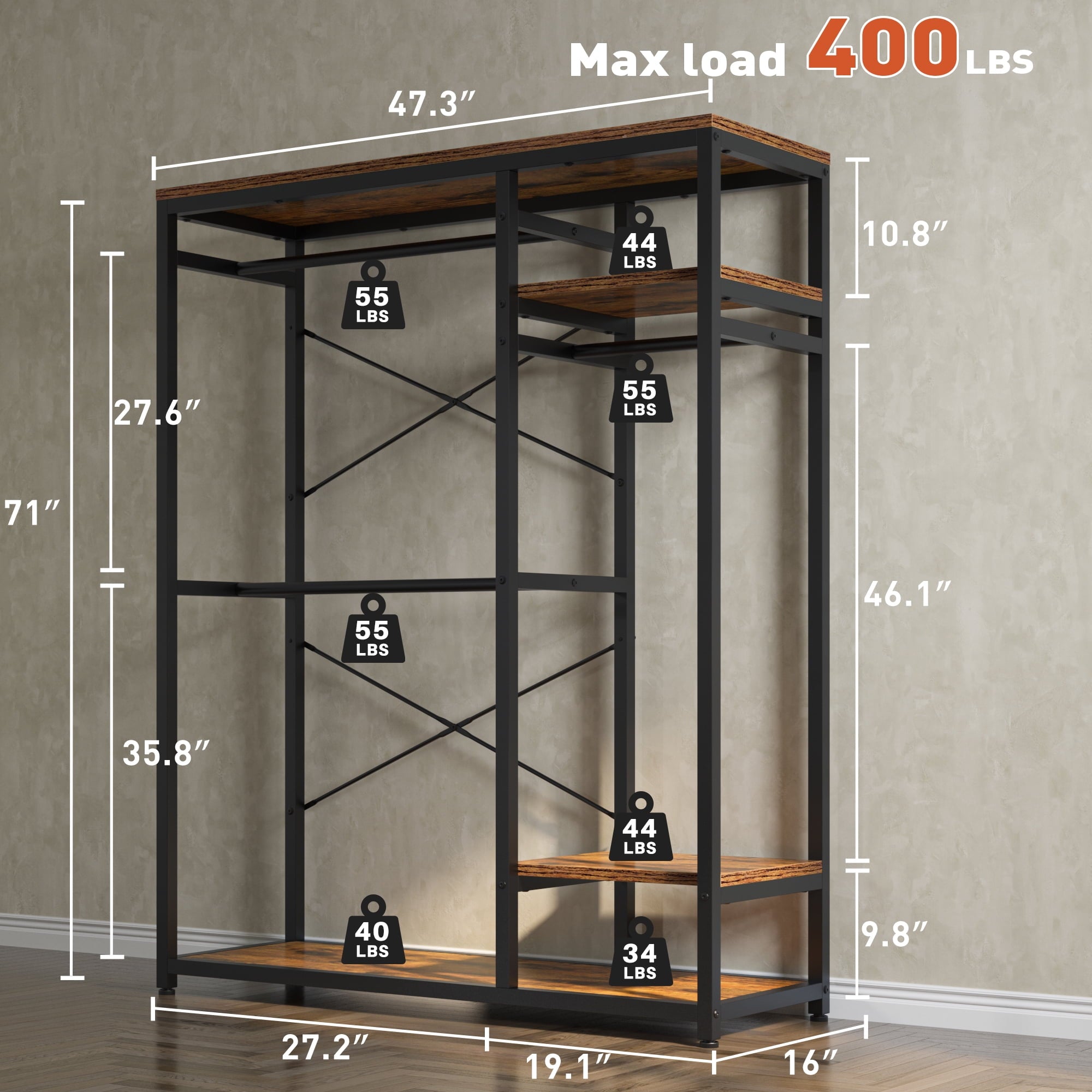 Garment Rack Freestanding Closet Organizer,Heavy-duty Wardrobe Closet with Shelves for Storage,Metal Clothing Rack for Bedroom