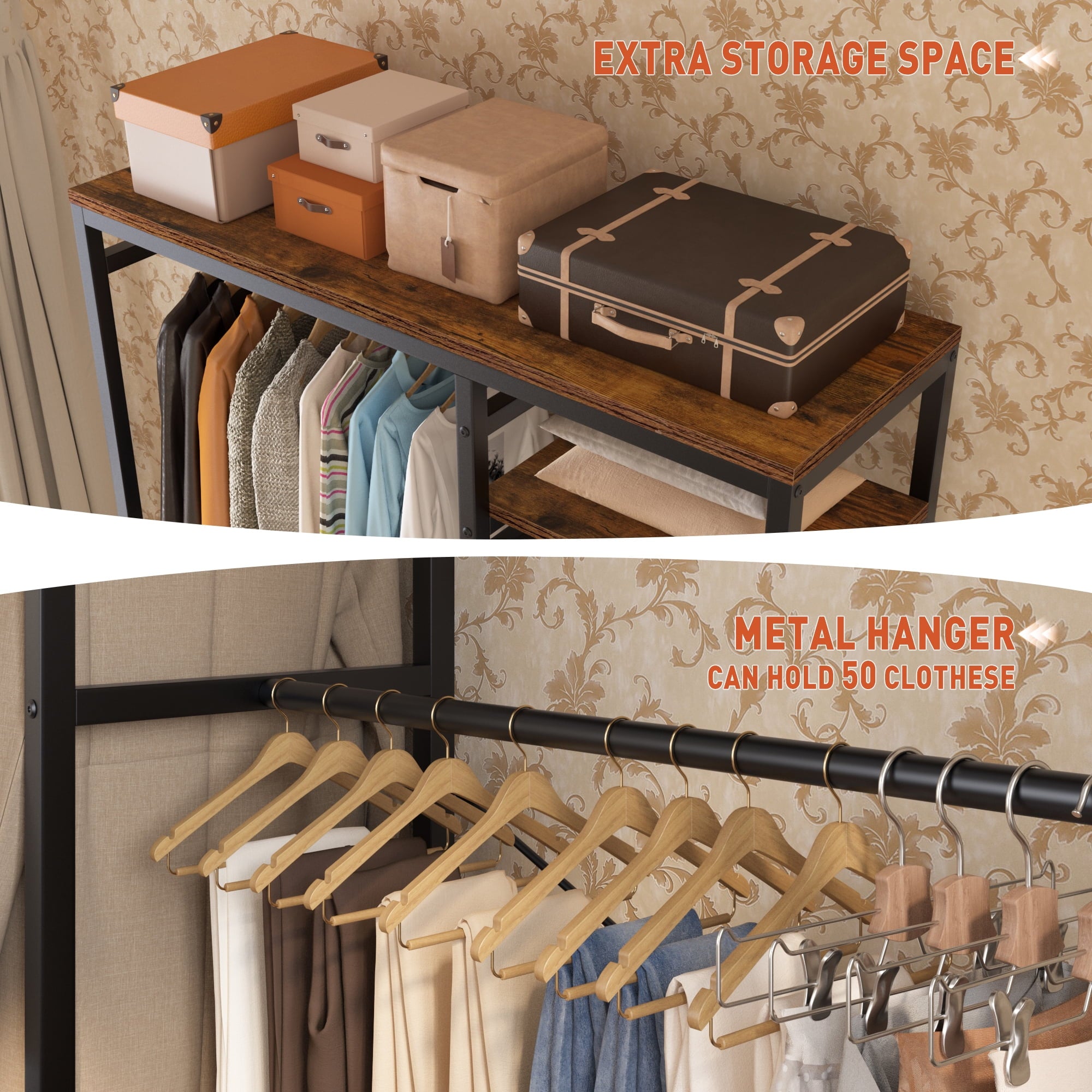 Garment Rack Freestanding Closet Organizer,Heavy-duty Wardrobe Closet with Shelves for Storage,Metal Clothing Rack for Bedroom