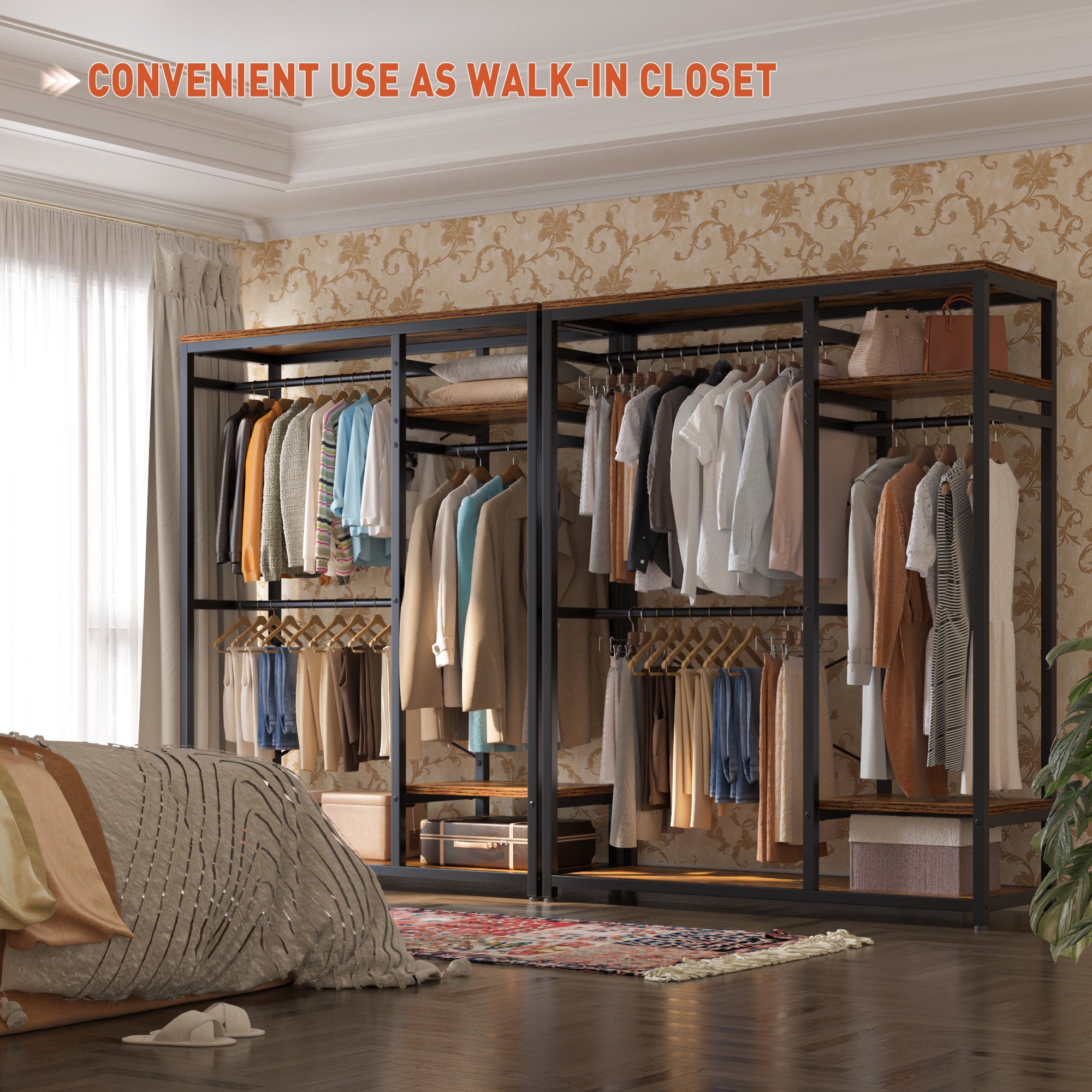 Garment Rack Freestanding Closet Organizer,Heavy-duty Wardrobe Closet with Shelves for Storage,Metal Clothing Rack for Bedroom